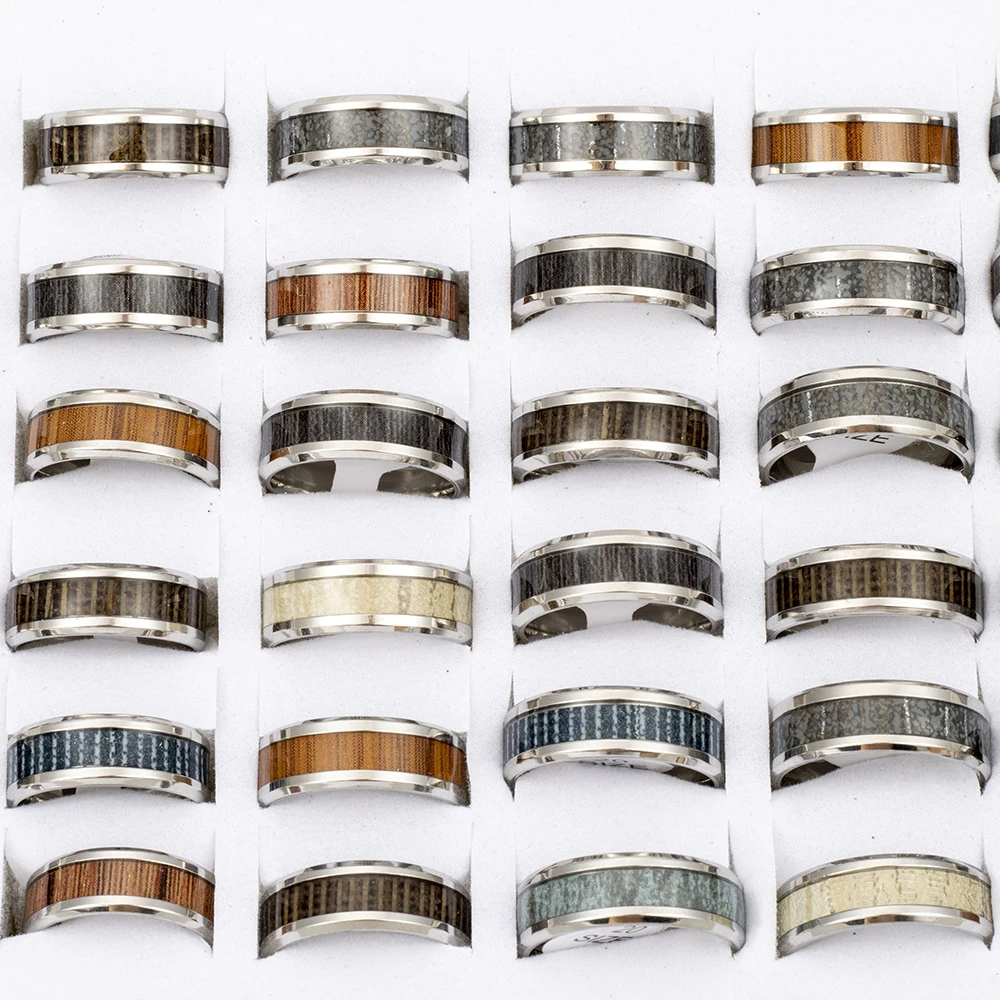 20 Pcs/Lot Wholesale Fashion Inlay Tree Timber Pattern Wood Stainless Steel Rings Jewelry For Women Men Party Gifts