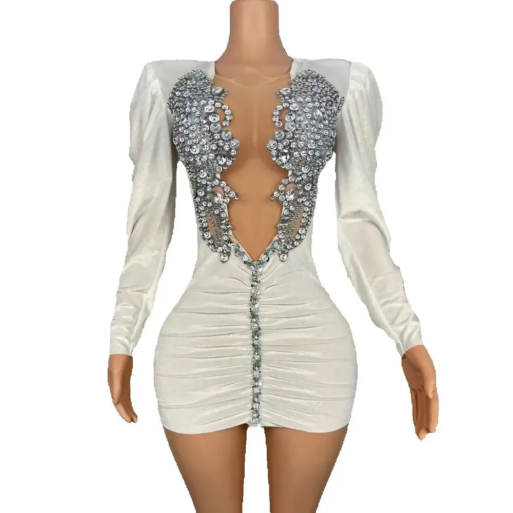 

Women Luxury Shining Rhinestones Sexy Hip Hugging Velvet Dress Eveing Prom Party Dresses Sing Performance Photoshoot Costume