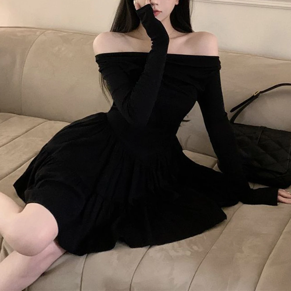 Preto a linha vestido elegante streetwear marca nova condição casual fora do ombro estilo S-2XL tamanhos disponíveis design leve estiramento