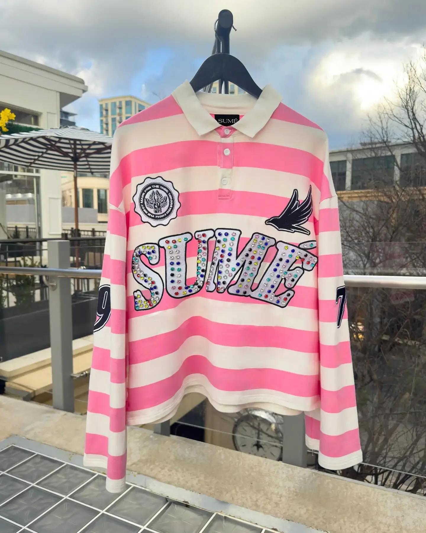 الأمريكية رجل ريترو قميص بولو التلبيب قميص Y2K البلوز الهيب هوب رسالة التطريز الترتر المتضخم قميص قطني بكم طويل بلايز