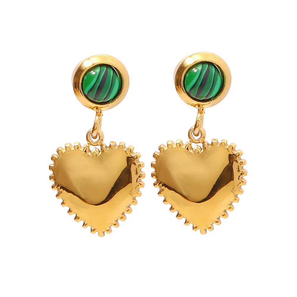 

Stainless Steel PVD 18K Gold Plated Tarnish Waterproof Green Stone Heart Pendant Earrings For Woman Jewelry Wholesale Trendy