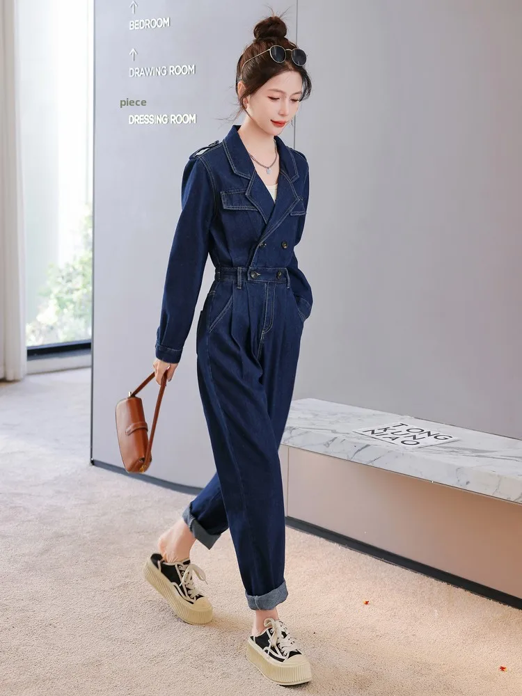 Eleganckie damskie ogrodniczki jeansowe z kołnierzykiem, wiosenno-jesienne, nowe, małe rozmiary, wysoka jakość, jednoczęściowe spodnie do pracy.