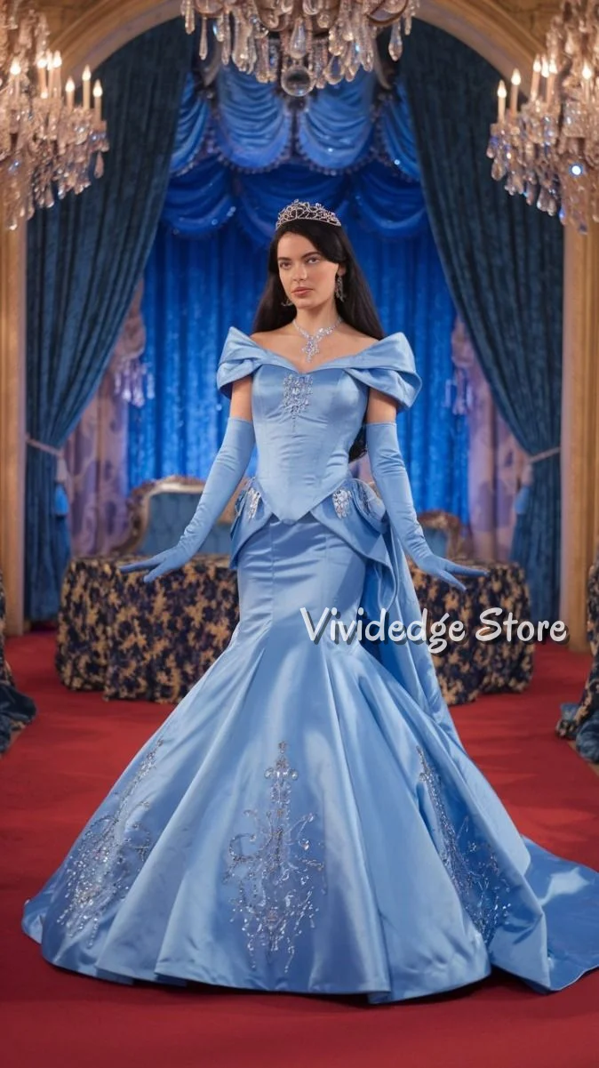 

Customized Gorgeous Princess Blue Snap Shoulder Shoulder Evening Dress Court Noble Style Beaded Studded Diamond Fishtail Dragtai