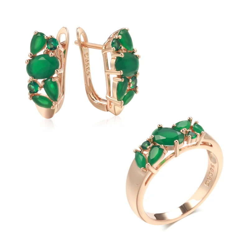 

Wbmqda New Fashion Green Natural Zirconia Earring Ring For Women 585 Rose Gold High Quality Everyday Fine Vintage Jewelry Set