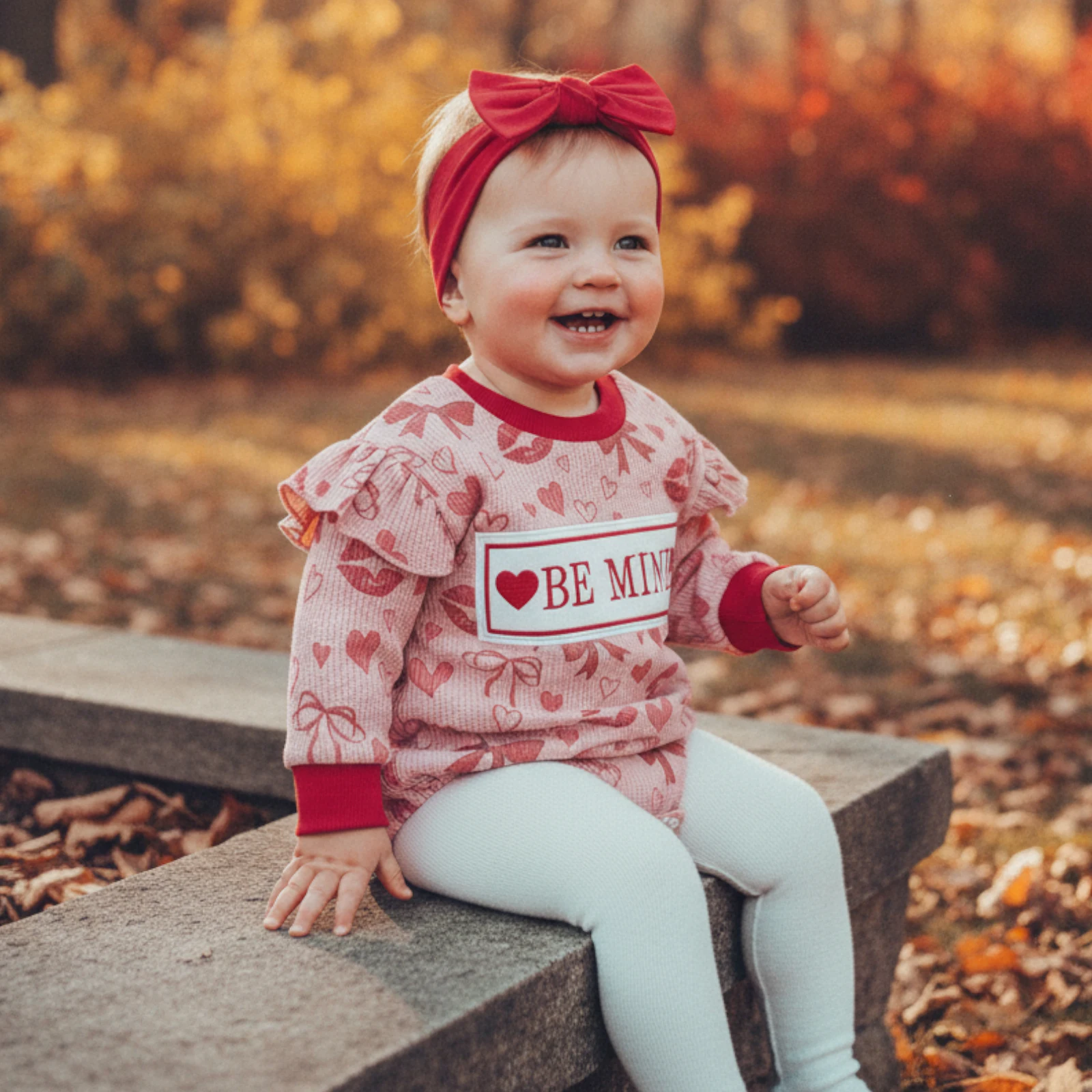 Sweety Baby Girls Valentines Day Romper Cute Heart Bow Printed Long Sleeve Bodysuits Jumpsuit with Headband