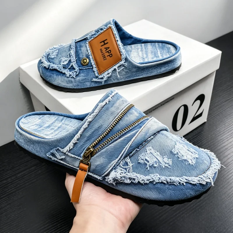 2026 Summer Men Trendy  Shoes Denim Blue Canvas Material Large Size 47 All-match Casual Slip On Street Footwear