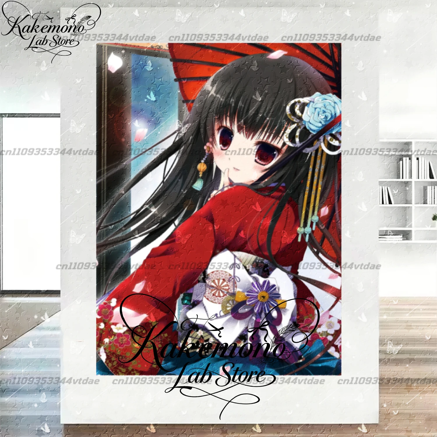 Soft Fabric Anime Tapestry Vintage Japanese Kimono Girl Sakura Falling Petals Art Poster Cloth Home Wall Decoration