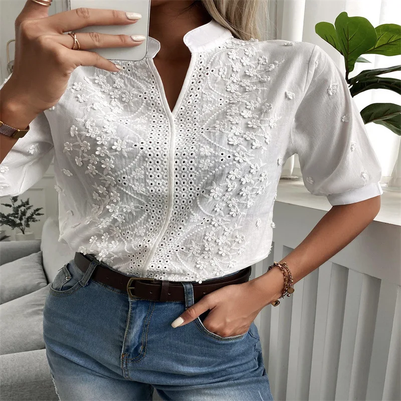 Summer Floral Embroidery Lace Blouse Fashion Women V Neck Casual Shirt Chic Short Sleeve Hollow Out Tops Elegant Blusas