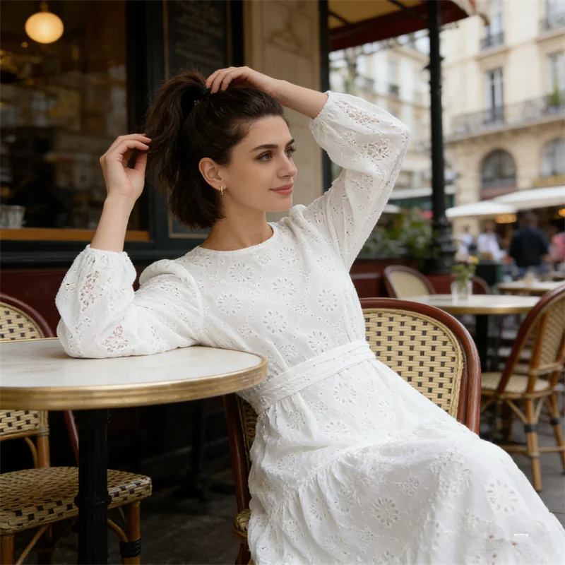 

White Embroidery Long Dress Women Muslim Belted Hollow Out Party Dresses Dubai Abaya Turkey Kaftan Eid Djellaba Islam Clothing