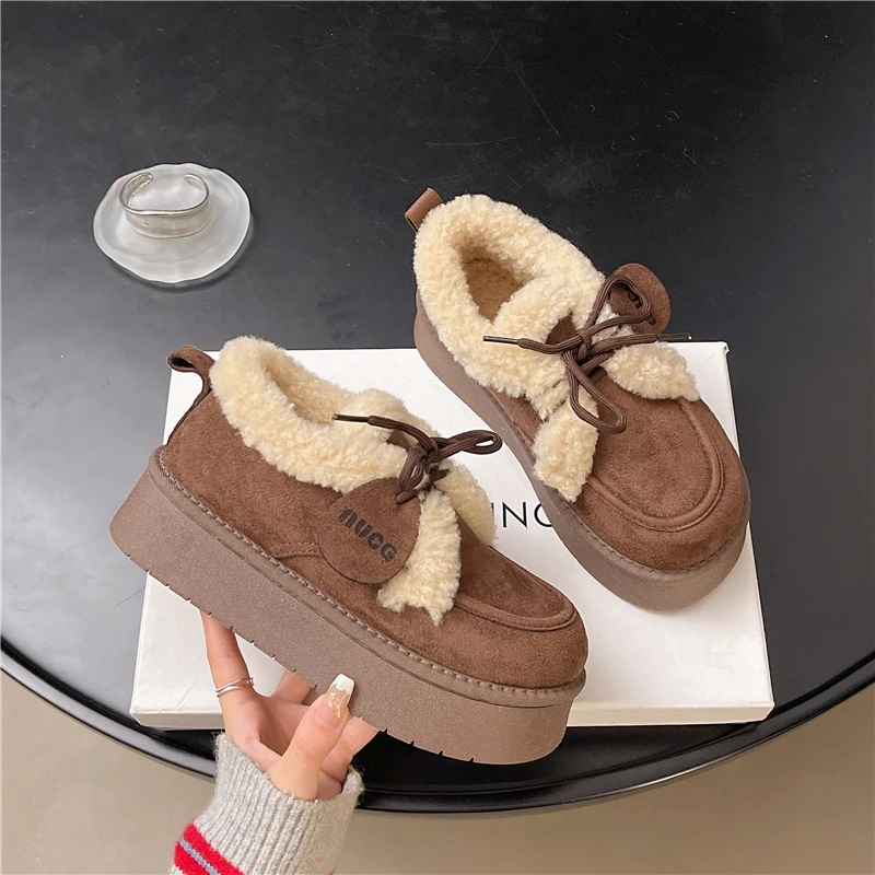 

Fashion Designer Womens Vulcanized Shoes Winter New Style Womens Retro Lace-up Round Toe Low-top Plush Thick-soled Nonslip Boots