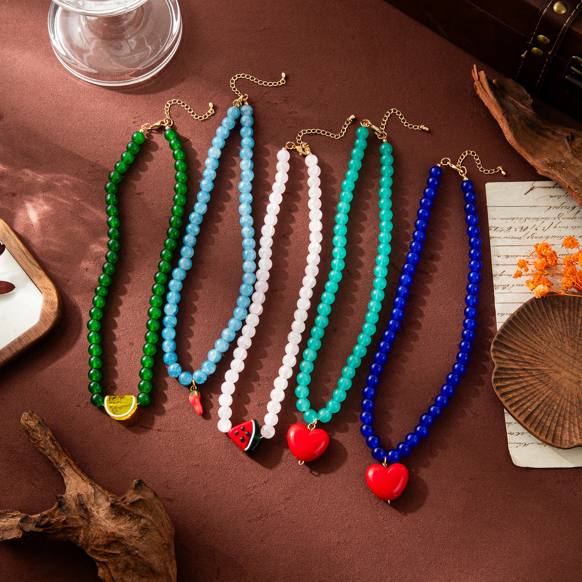 

Colorful Glass Bead Necklace for Women with Cute Fruit & Heart Pendant Y2K Jewelry