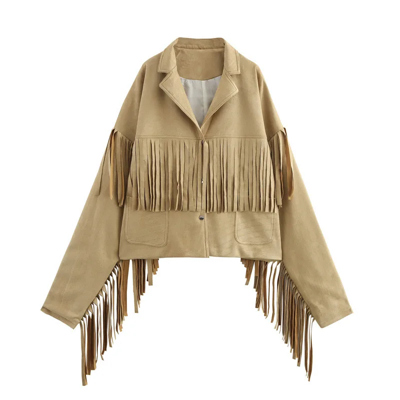 

Artistic Retro Fringed Long Sve Single Button Turn-down Collar Jaet Outerwear New Arrival for Women Autumn 2025