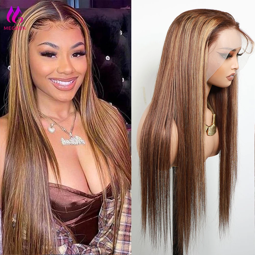 Megeen parrucca anteriore in pizzo per capelli umani evidenziare P4/27 13 x4 parrucca frontale in pizzo trasparente biondo miele parrucche Ombre colorate diritte Remy