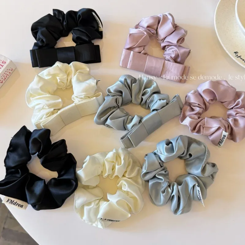 Élastiques à cheveux en satin coréen de haute qualité, couleur unie, double couche, avec nœud, accessoires de mode pour cheveux