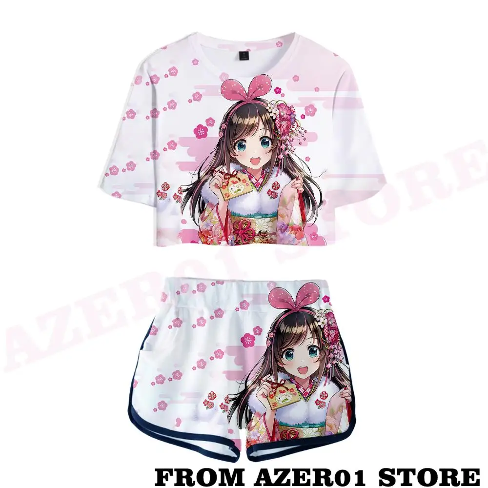 HOLOLIVE VTuber Kizuna AI Merch 티셔츠 세트 여름 unisex 섹시한 짧은 탑스 + 탄성 허리 양복 세트