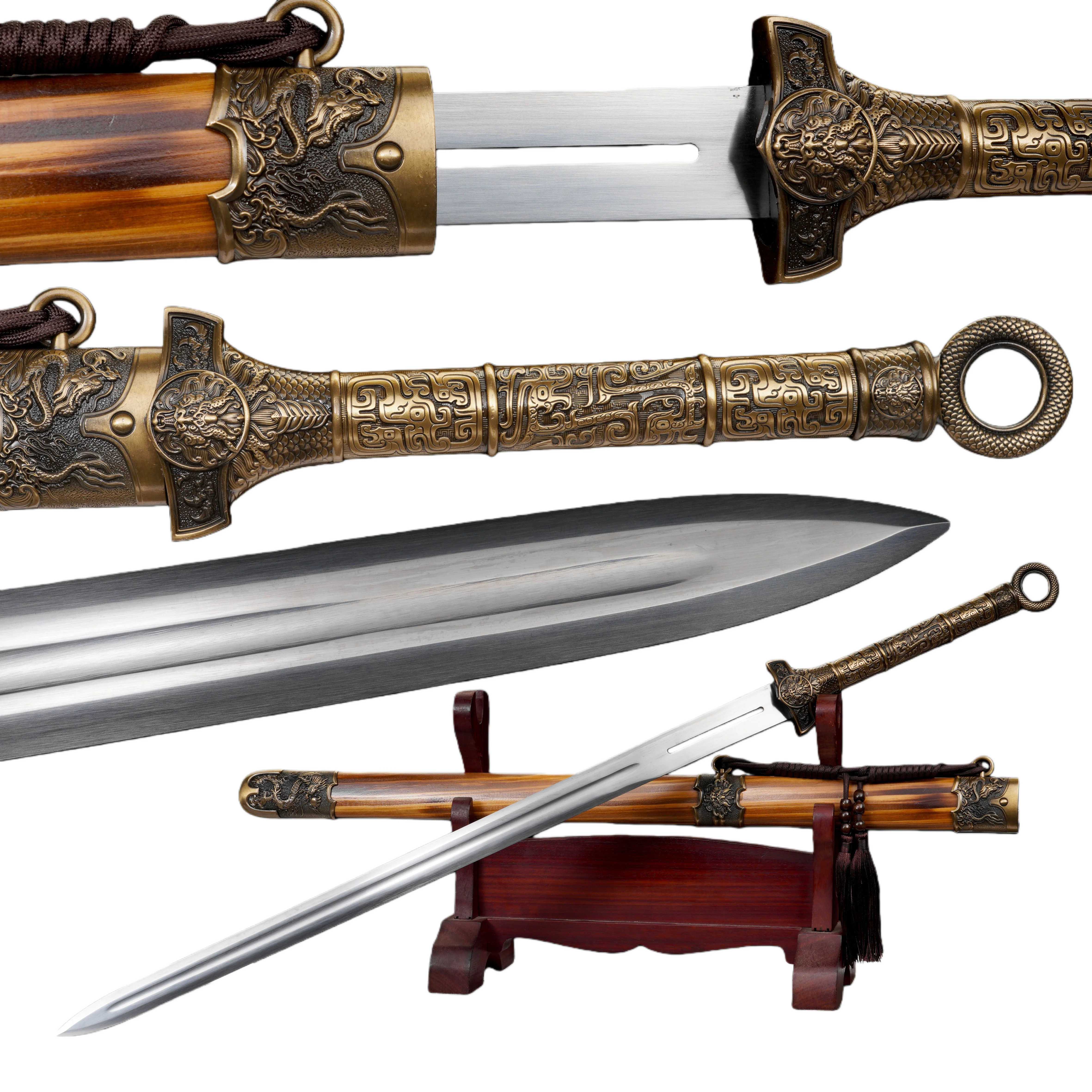 Medieval Chinese dragon warrior sword, sharp steel blades, rosewood sheaths, katana knight ninja training combat, weapons,battle