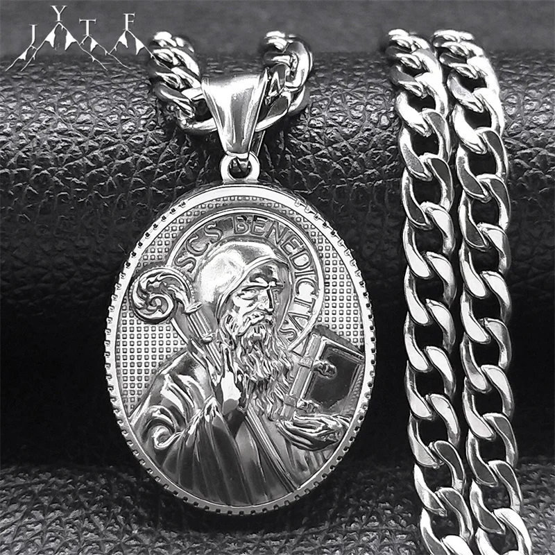 

Saint Benedict Medallion Pendant Necklace Women Men Hip Hop Punk Stainless Steel Amulet Necklaces Jewelry San Benito NZZ405S05