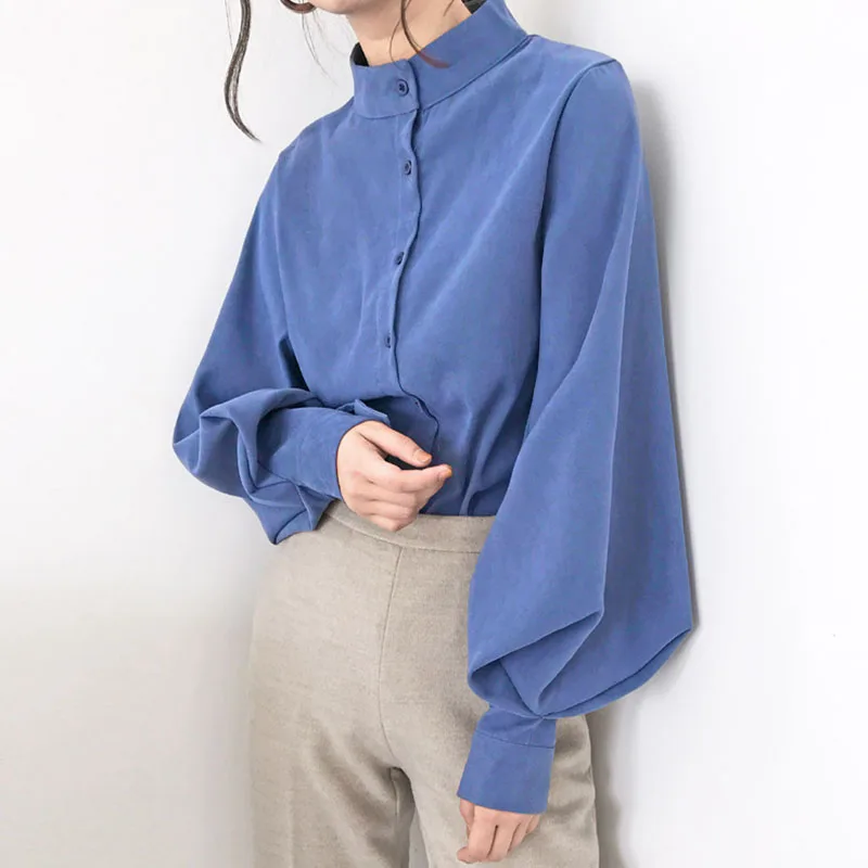 Vintage Lantern Sleeve ladies shirts Women\'s Blouse Spring Autumn Single Breasted Shirts Blouse Solid Blusas Mujer