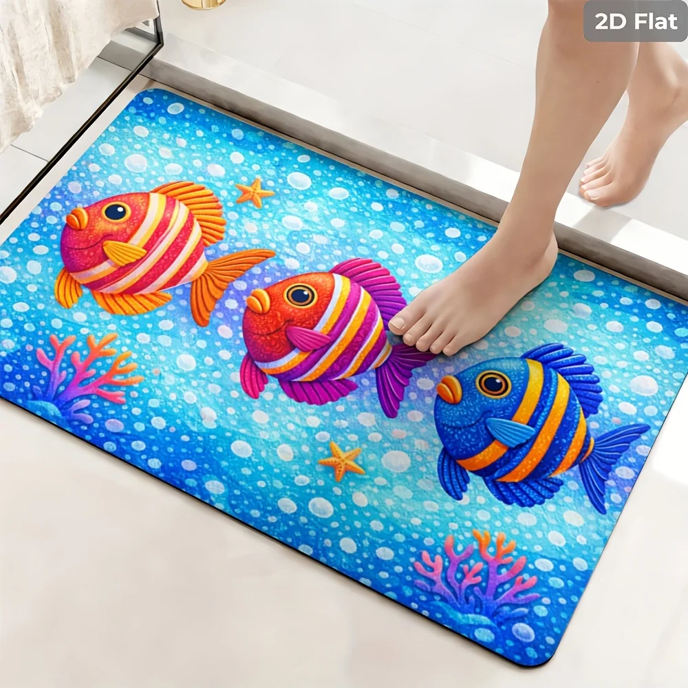 VIKAMA Colorful Tropical Fish Bath Mat Ocean Coral Starfish Bubble Print Non‑Slip Washable Bathroom Entrance Home Decor FloorRug