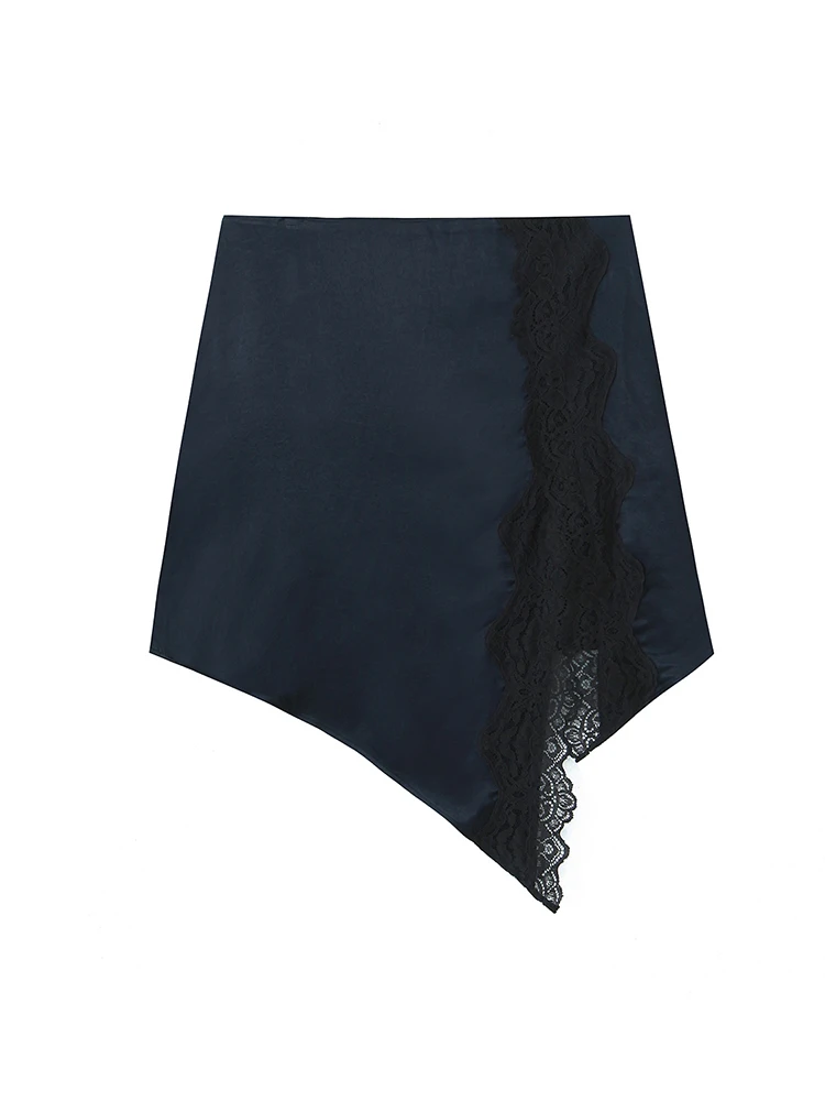 

Women's Lace Trim Asymmetric Hem Mini Skirt Dark Blue Satin Elegant Skirt
