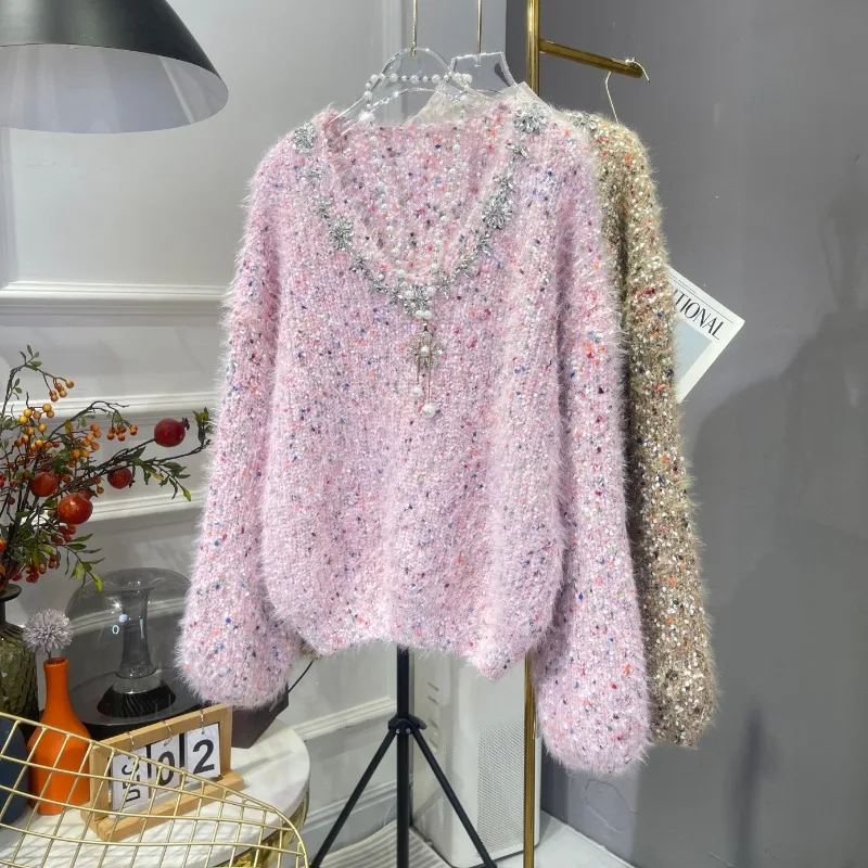 Autumn And Winter Diamond-encrusted V-neck Heavy Industry Knitwear Women's Chic Knitted Sweater Long-sleeved French High-end Top