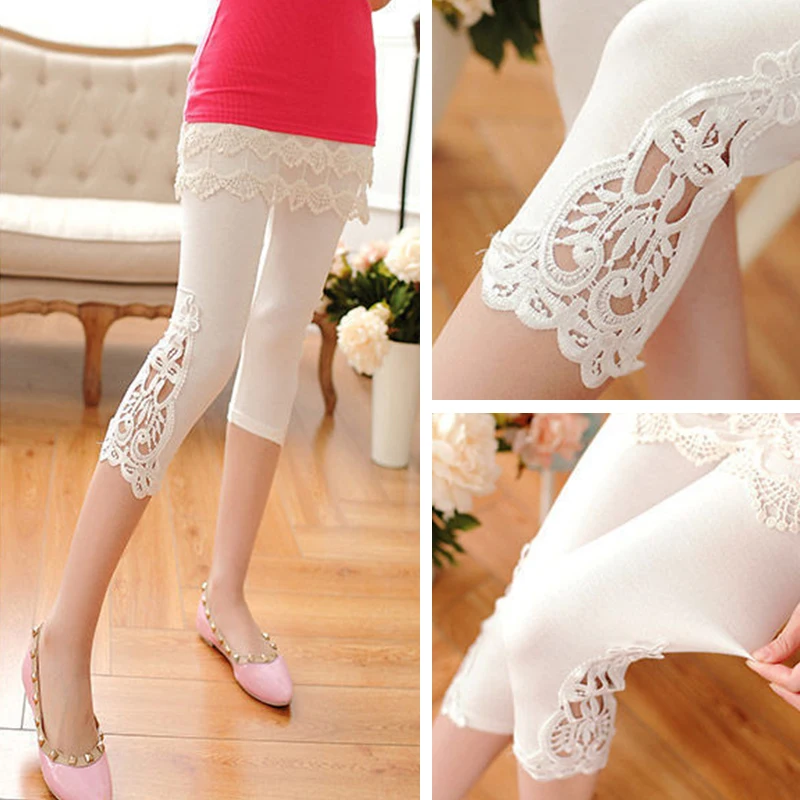 Thin Lace Short Bottoms Summer Leggings Sports Fitness Leggings Women's Drawstring Pantyhose Hollow Lace Stretch Push Up Pants