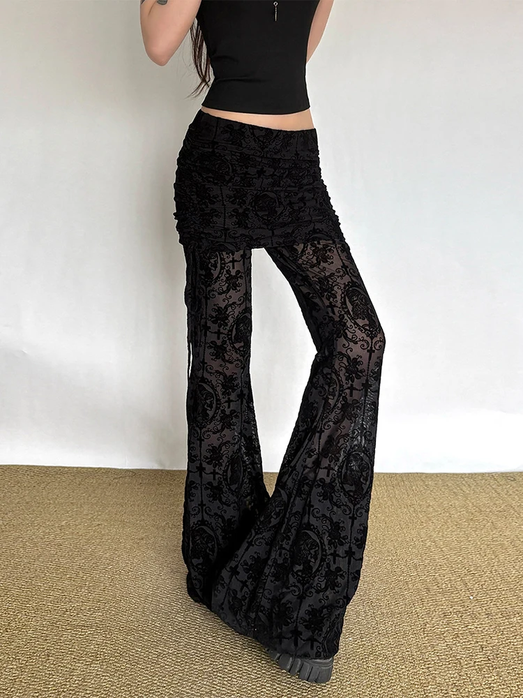ReddaChic Skull Portrait Lace Women Bell Bottom Goth Black Hollow Out Elastic Waist Flocking Culottes Grunge Alternative Clothes