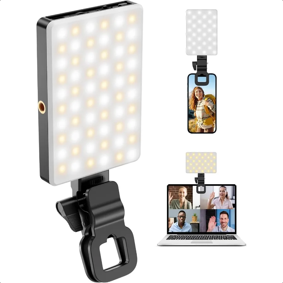 

POVODO120LED Phone Light Clip:Selfie Light for iPhone Adjusted3 Lighting Modes 3000mah 2500k2900K CRI95+ Lighting for Video Rec