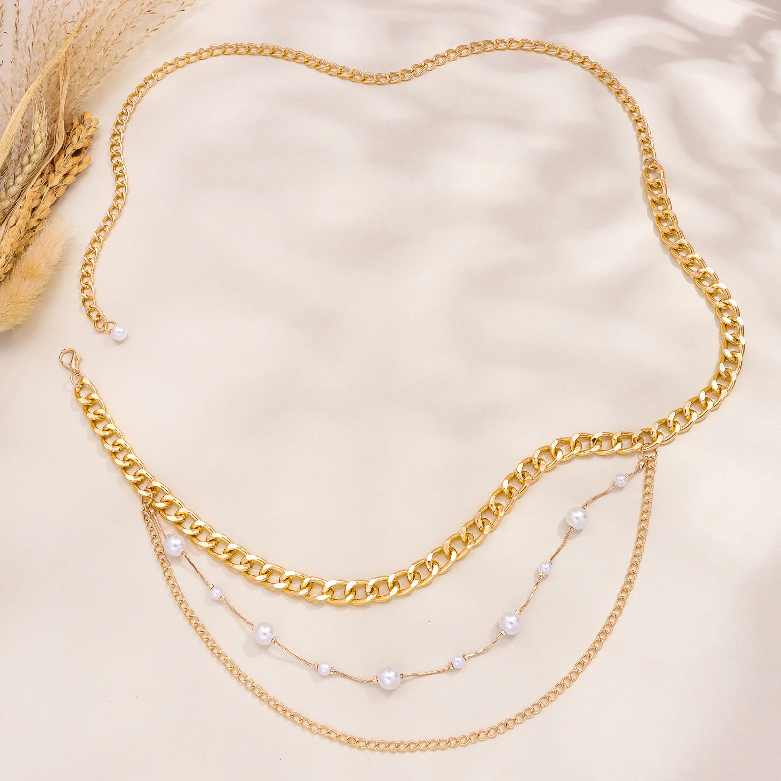 European American Fashion Trendy Elegant Faux Pearl Multi layer Metal Waist Chain for Women Versatile Body Chain Accessory