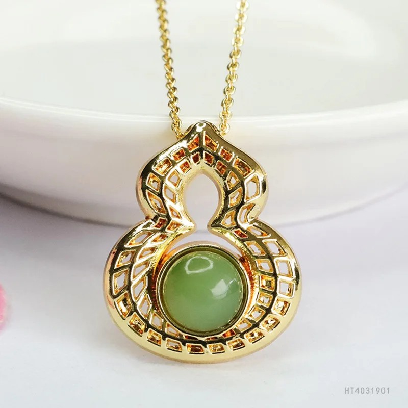 

Natural Green Hetian Jade Gourd Pendant Prosperity Charm HT4031901