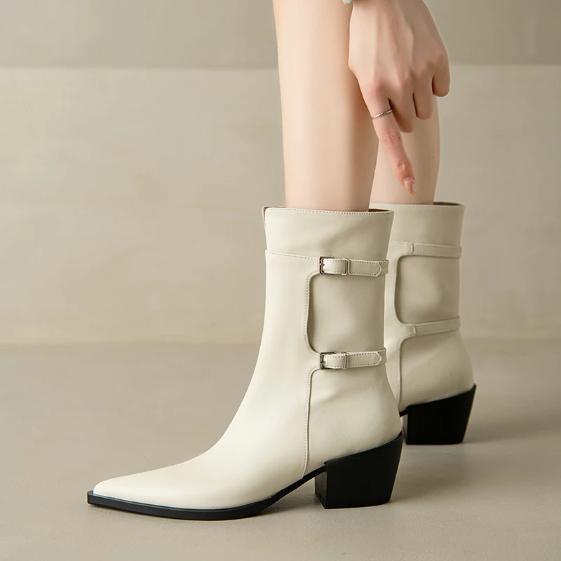 2026 new autumn winter women ankle boots natural leather plus size 22-25cm cowhide pointed toe thick heelbuckle short boots