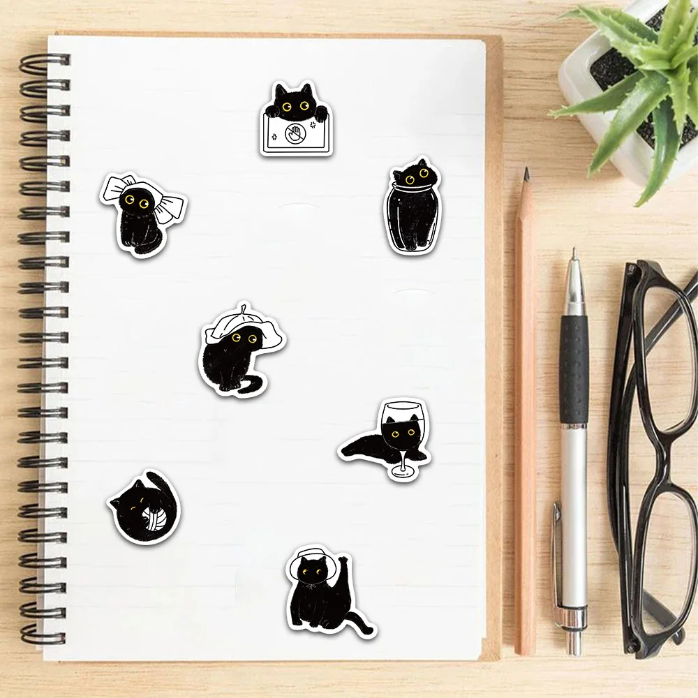 50PCS Cute Fun Black Cat Life Log Graffiti Stickers Scrapbooking Collage Material Suitcase Skateboard Phone Case Luggage Sticker