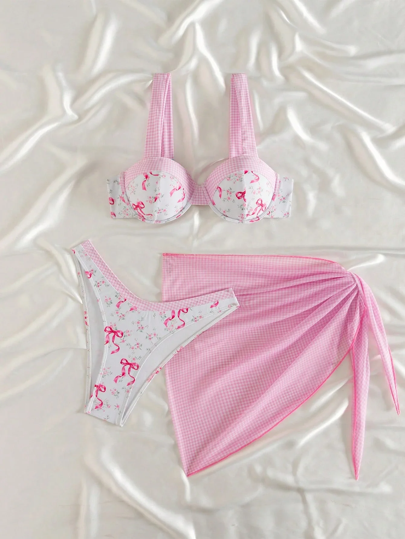 

3 Piece Pink Gingham Floral Bikini Set With Skirt Cover Up