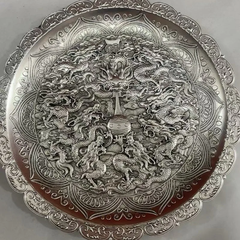 Crafts: Dragon and Double Phoenix Peace in the World with Base, White Copper Plated, Silver Plate Dec