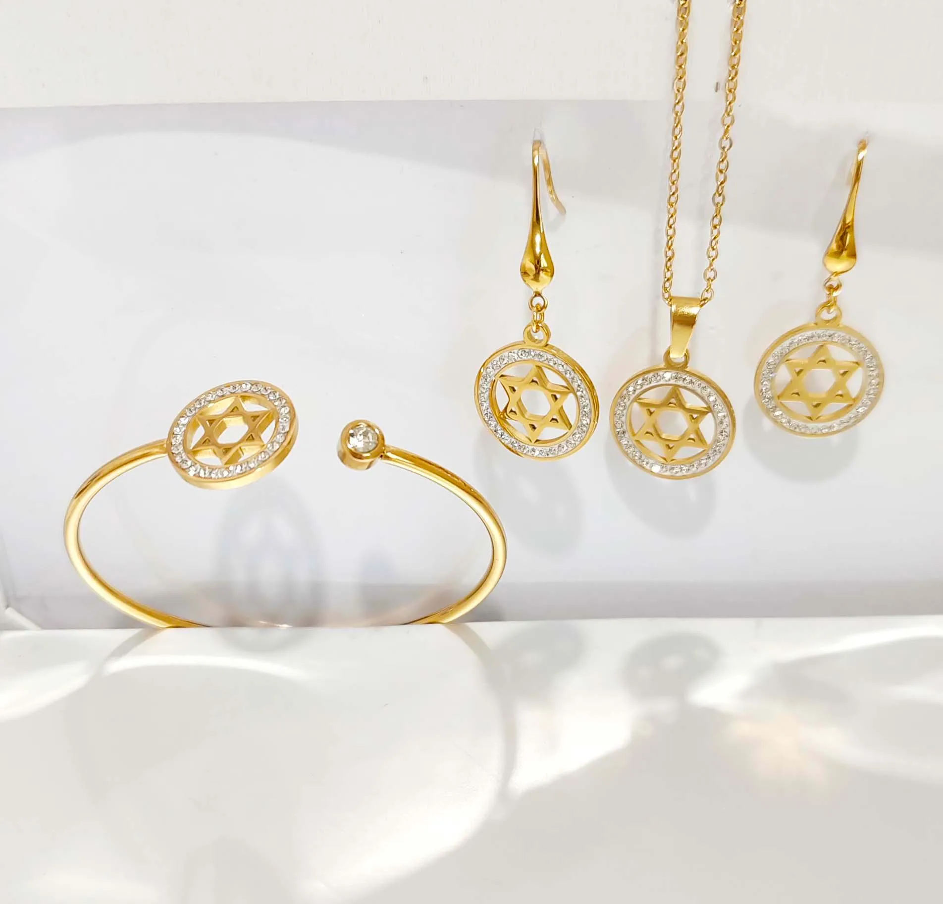 3-piece gold six pointed star three leaf knot design fashionable stainless steel women's jewelry set