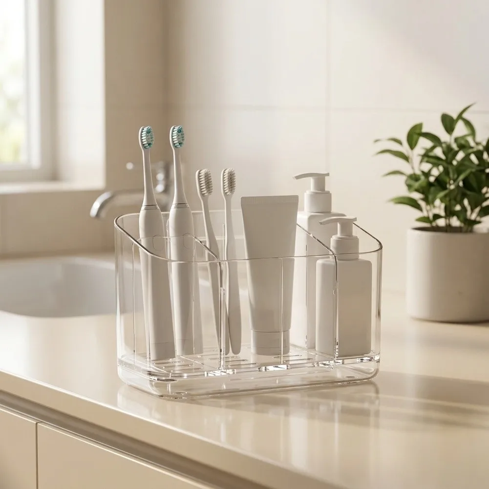 Self‑Adhesive Drill‑Free Toothbrush Storage Rack Divided Compartment Wall‑Mount Organizer Waterproof Holder For Bathroom Daily