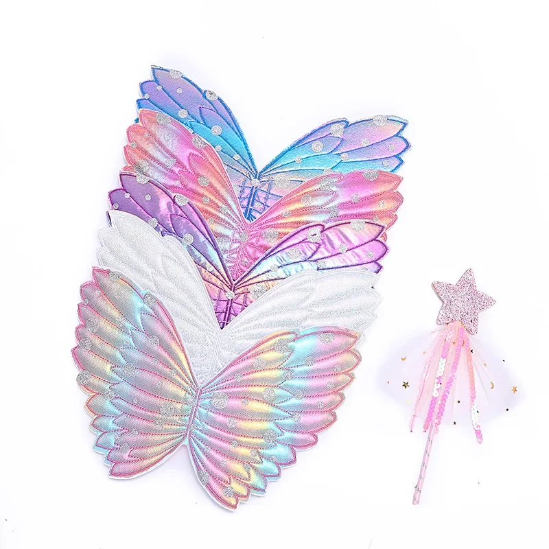 Baby Girls Butterfly Wings Set Star Fairy Wand Rainbow Wings For Kids Photo Props Birthday Party Decoration Rainbow Angel  Wings