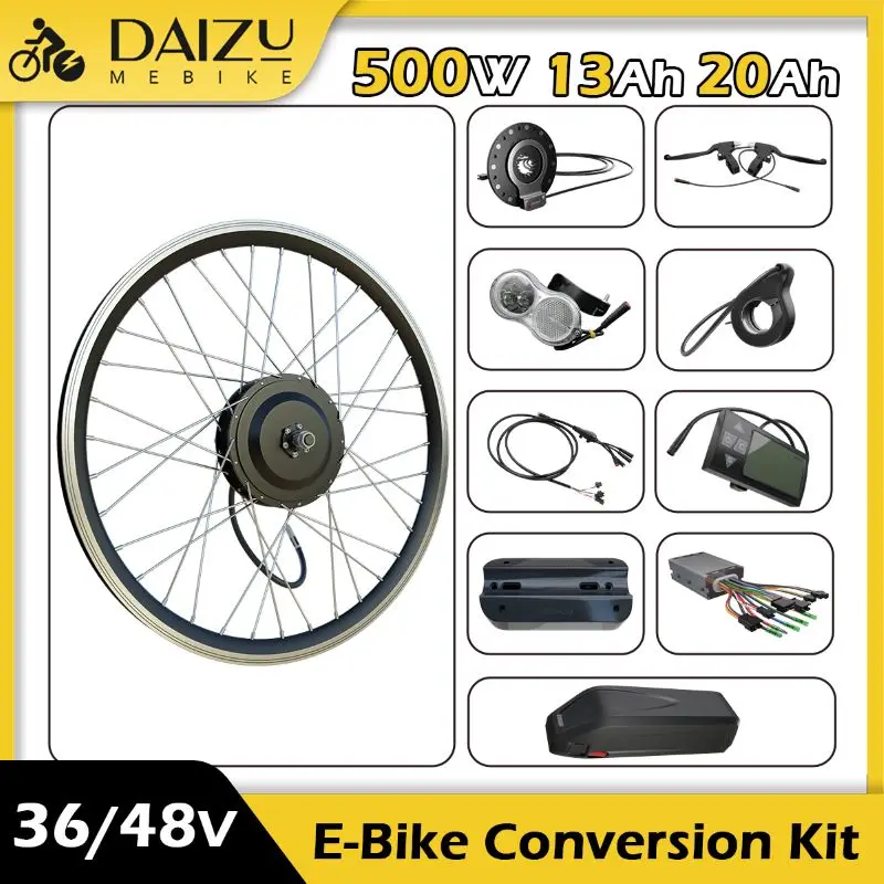 500W E-Bike Conversion Kit 36V/48V 13Ah/20Ah Hailong Lithium Battery Brushless Gear Hub Motor 20”24”26”27.5”28”29”700C Wheel