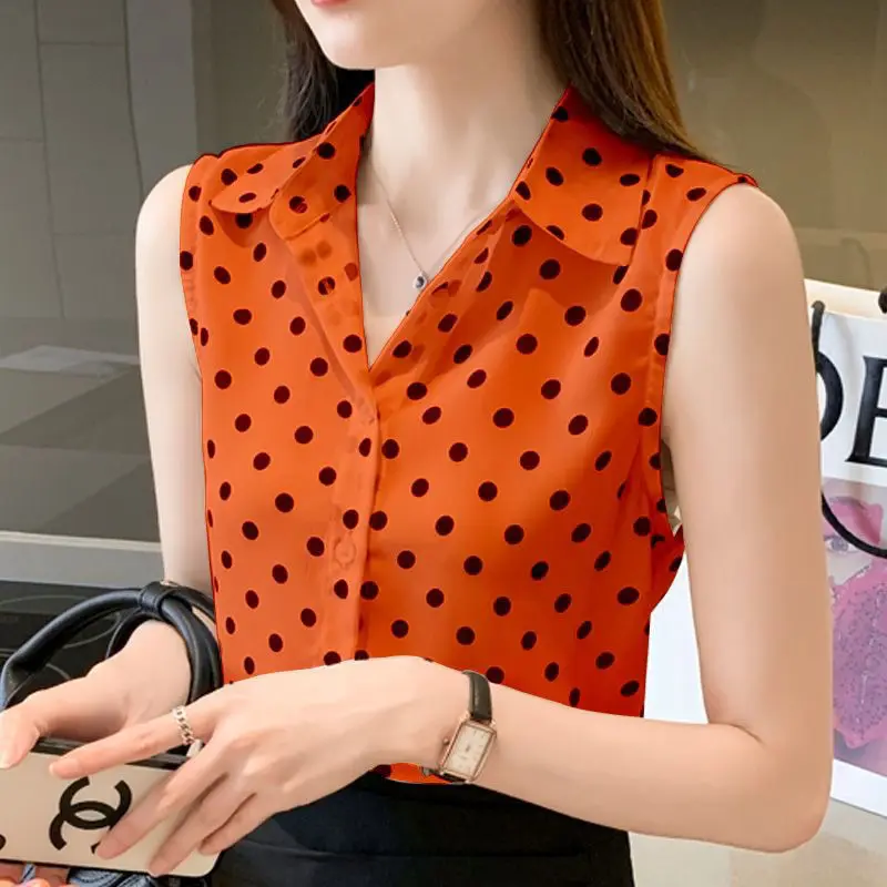 2024 Summer Women Korean Fashion Polka Dots Print Sleeveless Shirts Office Lady Elegant Commute Blouses Casual Slim Chiffon Tops