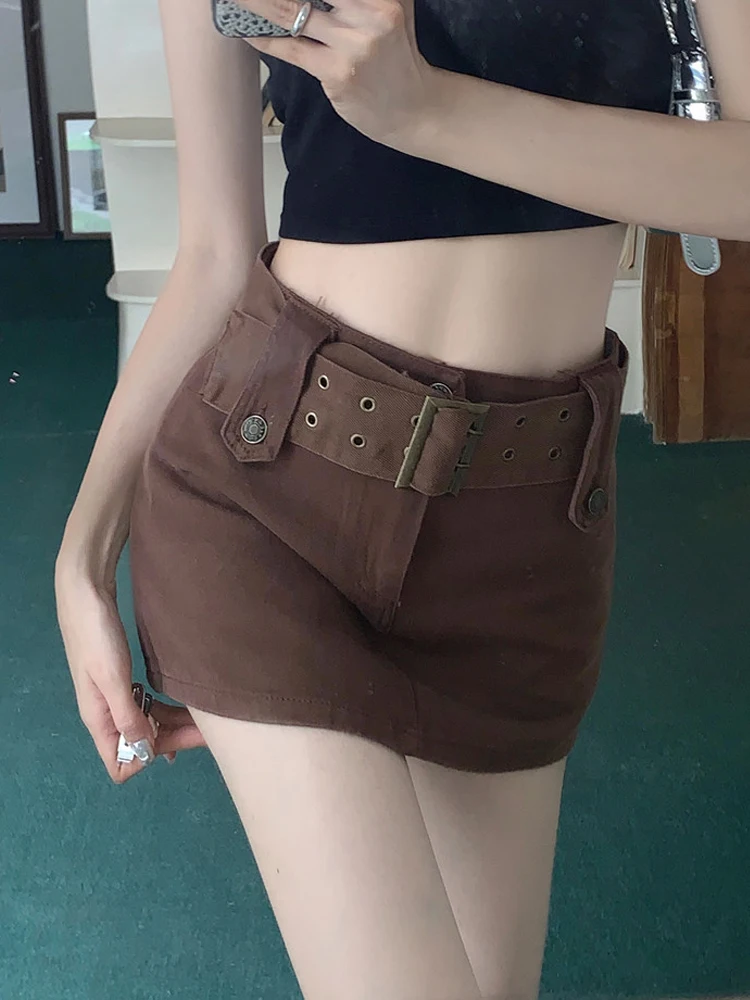 

Retro American Hot Girl Skirt Coffee Color Denim Wrap around High Waist A-Line ort Skirt Women's Design Sense plus Size