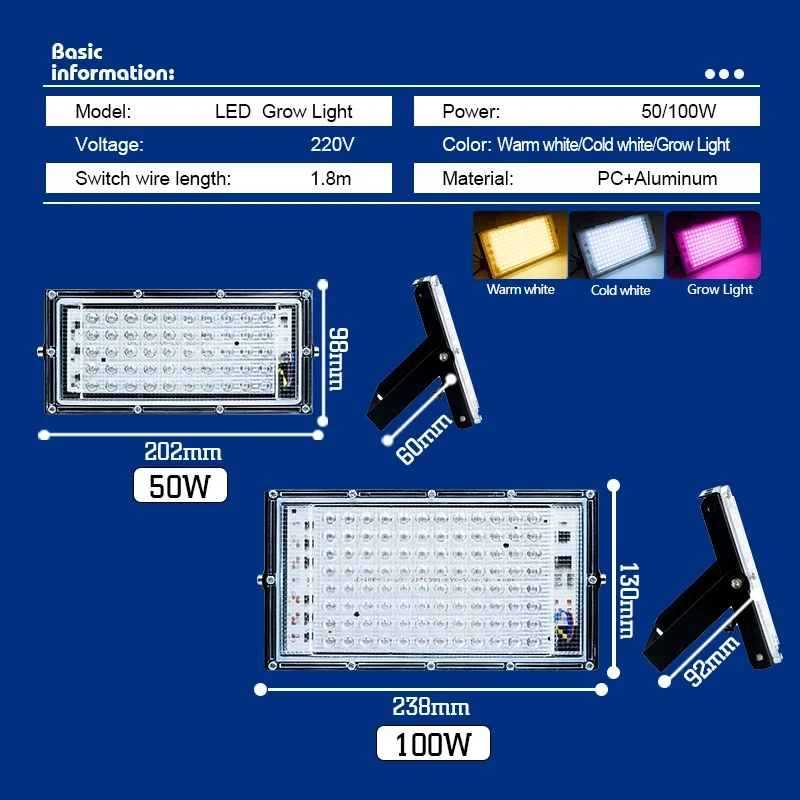 LED Grow Lights for Indoor Plants Full Spectrum Veg Bloom 220V 50W 100W Floodlight Switch Control Plant Light Seed Starting Seed