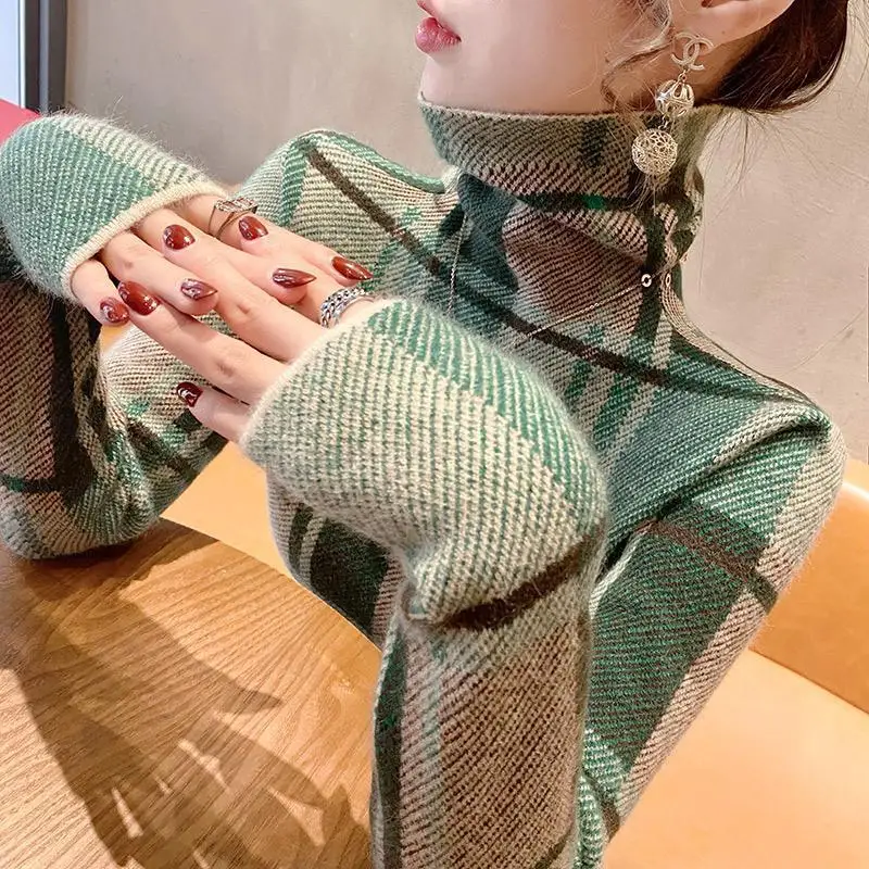 Women Clothing Fashion All-match Plaid Slim Sweaters Autumn Winter New Casual Chic Long Sleeve Turtleneck Knitwear Pullovers