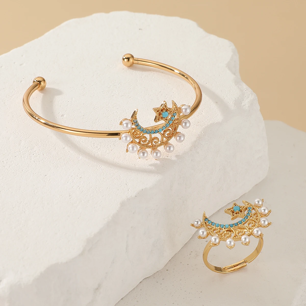 Frauen Mode süße Gold Perle Zirkon offene Manschette Armreif Ring Set arabischen Stil Mond Start aushöhlen Design Hochzeit Schmuck Set