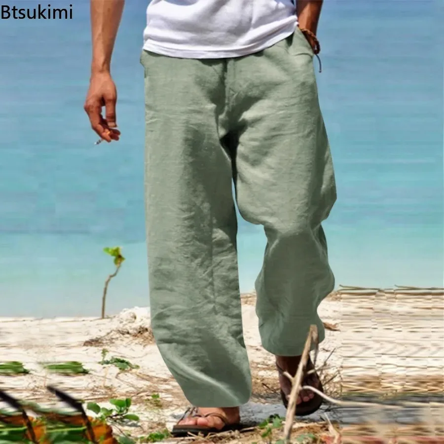 New Men's Summer Cotton Linen Pants Solid Breathable Loose Casual Beach Trousers Men Drawstring Straight Pants Fitness Joggers