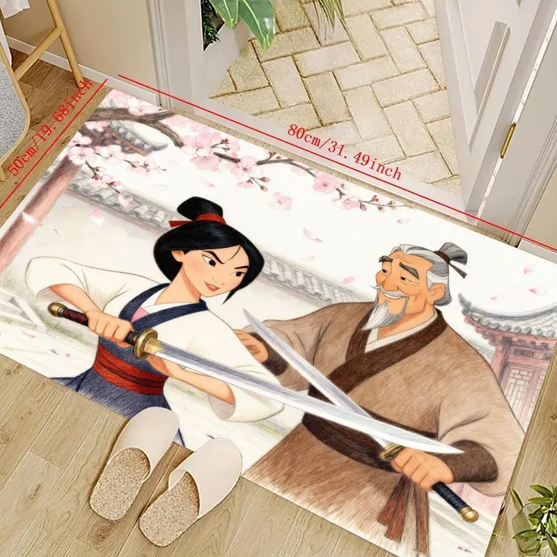 

1 шт. напольный коврик с героями мультфильмов Диснея Мулан, тренировочная сцена принцессы воина, нескользящий коврик с дизайном вишни, большой декоративный C