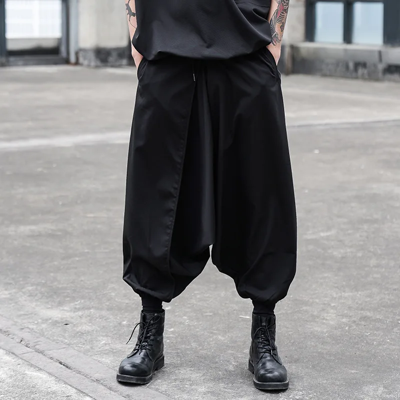 

New Japanese Black Loose Harem Men's Jogging Trousers Small Feet Cross Crotch Oversized High Waist Casual Straight Pants