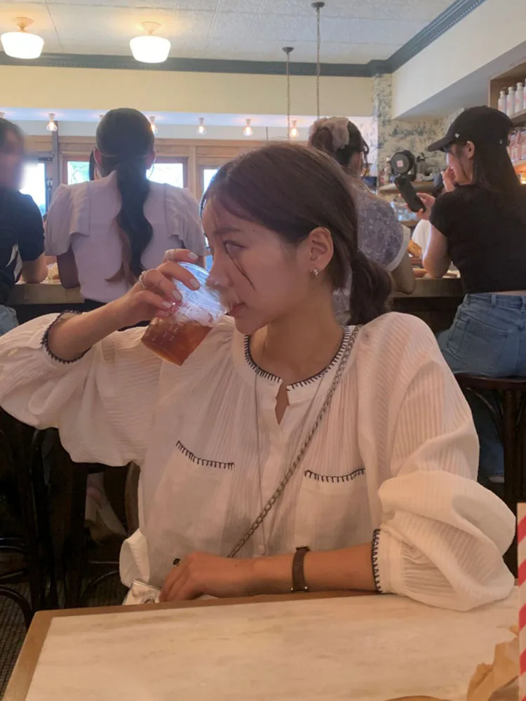 

Корейская женская свободная хлопковая блузка с длинным рукавом, круглым вырезом, эффектом омоложения, цветными блоками и пузырчатой текстурой