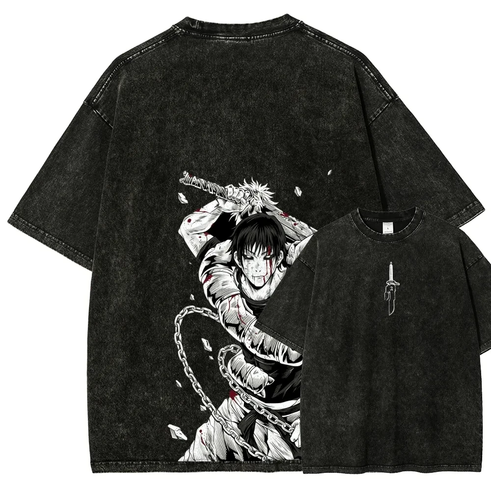 Anime Jujutsu Kaisen Toji Fushiguro Grafik T-Shirt Herren Vintage Washed Oversized Tee Retro Streetwear Top