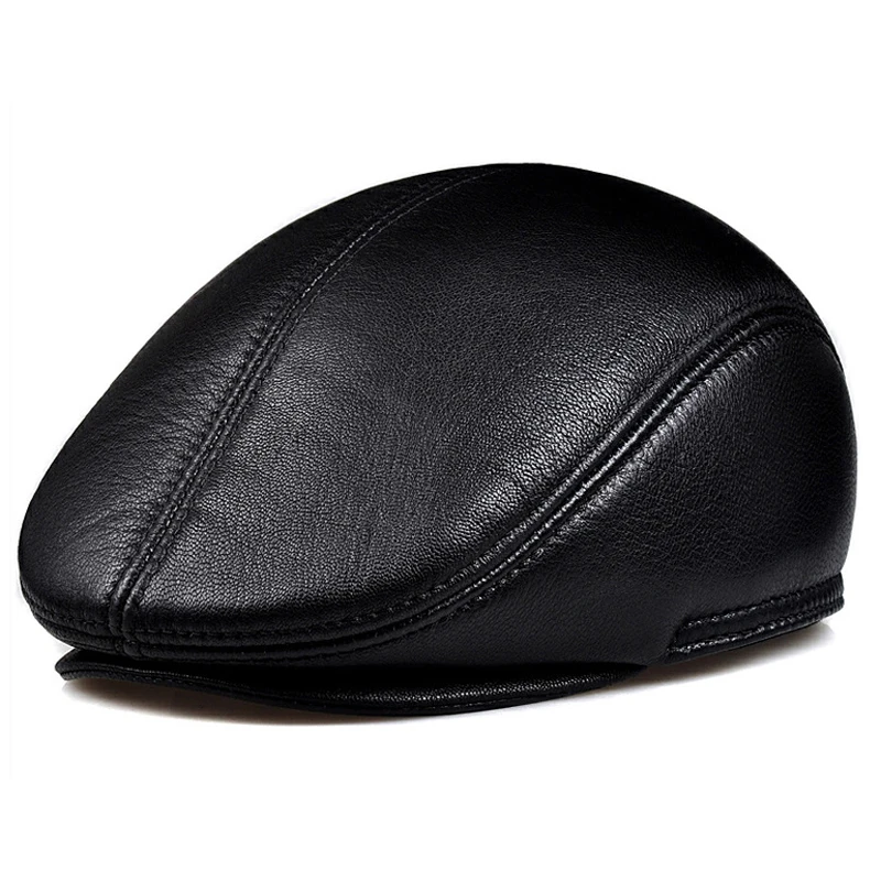 

Fashion Winter Flat Caps Beret Men Black Warm Duckbill Hat Ivy Male Earflaps Thicker Genuine Leather Solid Classic Driving Cap