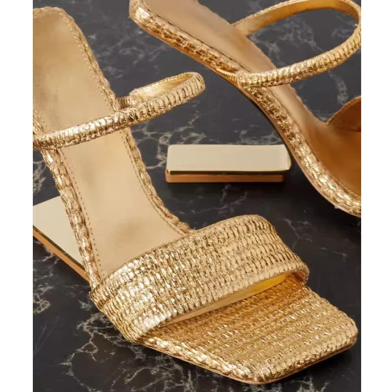 Zลote sandaลy na wysokim obcasie dla kobiet New Square Open Toe One Line Shaped Heels Slip On Slippers Banquet Dress Shoes Brand Design